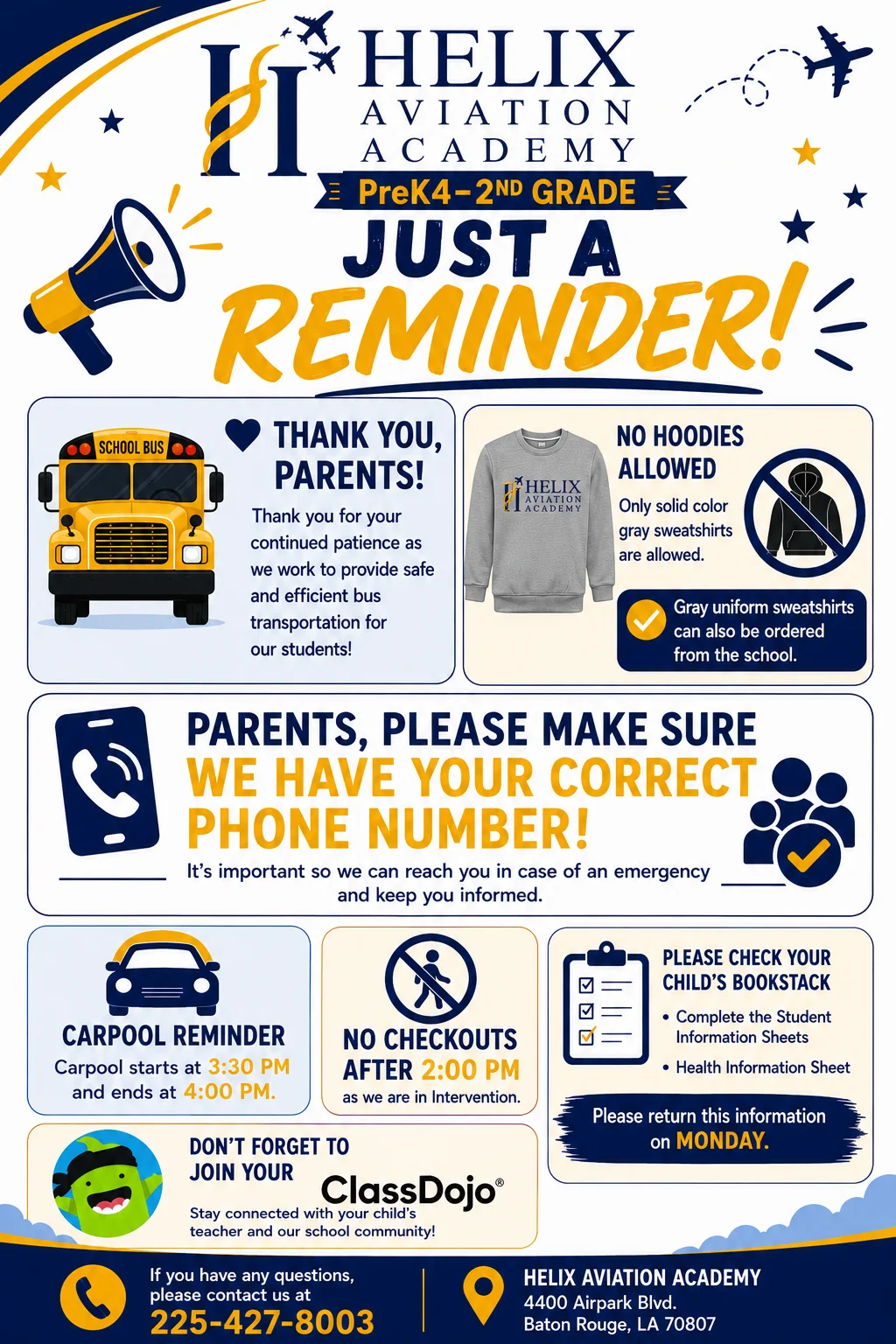 Parent reminder flyer for HAA Pre- K - 2nd Grade